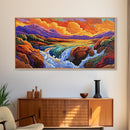 Sunset, Waterfall, Mountains, Autumn, Framed Canvas Print, Mountain sunset wall decor, autumn river art, rustic boho living room art