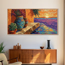 Sunset Terracotta, Patio, Art, Framed Canvas Print, Colorful Mexican pottery scene, vibrant tropical wall art, boho entryway decor