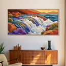 Waterfall Rainbow, Canyon, Bold, Framed Canvas Print vibrant nature bathroom decor, boho rainbow mountain wall art, fantasy print