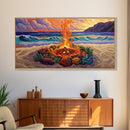 Beach Campfire, Sunset, Tropical Vibes, island evening Canvas Print, fall boho decor, colorful beach firepit living room wall art