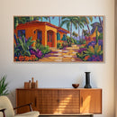 Villa, Palm Trees, Pathway, Lush Garden, warm tropical Canvas Print, boho patio decor, summer bungalow living room wall art