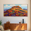 Autumn Hill, Landscape, Framed Canvas Print, Colorful Fall Mountain Scene, Cozy Autumn Wall Decor, Rustic Living Room Art