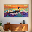 Ocean Bird, Sunset, Framed Canvas Print, Vibrant seabird in waves sunset seascape painting, Colorful Coastal Decor, Bathroom Wall Art