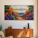 Autumn Lake, Path, Framed Canvas Print, Vibrant Fall forest trail leading to lake painting, Cozy Cabin Decor, Autumn Entryway Art