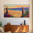 Beach Cactus, Fence, Framed Canvas Print, Vibrant Desert Beach Landscape, Colorful Boho Western Decor, Southwestern Living Room Art