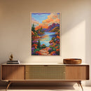 Lake Sunset, Mountains, Cabin, Framed Canvas Print, Serene mountain lake at sunset with cozy cabins, peaceful autumn living room wall art