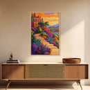 Sunset Mexico, Colorful, Travel, Framed Canvas Print vibrant coastal villa painting, colorful sunset art, Mediterranean boho travel vibes