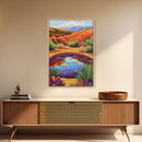 Pond Reflection, Nature, Desert, Framed Canvas Print tranquil desert pond painting, colorful reflection landscape art,  entryway wall decor