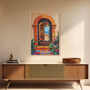 Doorway Ocean, View, Escape, Framed Canvas Print, Mediterranean coastal decor, boho travel wall art, vibrant entryway art, hallway decor