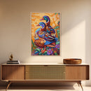 Ducks Colorful, Whimsical, Pair, Framed Canvas Print, Animal couple wall art, farmhouse nursery artwork, folk style bird painting