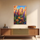 Vibrant Autumn, Blooms, Landscape, Framed Canvas Print, Bright Wildflower Artwork, Living Room Wall Art, Colorful Fall Floral Boho Painting