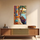 Tropical Boat, Village, Shoreline, Canvas Print, Coastal Wall Art, Vibrant Travel Scene, Boho Seaside Decor, Beach House Painting