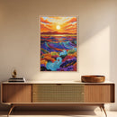 Sunset Ocean, Waves, Framed Canvas Print, Vibrant Abstract Seascape Wall Art, Colorful Ocean Decor, Living Room Statement Art