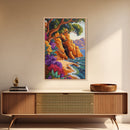Cave Beach, Flowers, Framed Canvas Print, Coastal Landscape Wall Art, Colorful Boho Nature Decor, Living Room art, Office Wall Art