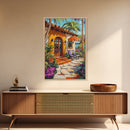 Villa Poolside, Palm, Paradise, Framed Canvas Print, tropical patio wall art, coastal Mediterranean decor, outdoor relaxation art, boho vibe