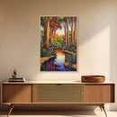 Forest Creek, Autumn, Framed Canvas Print, Tranquil Fall Landscape Wall Art, Vibrant Nature Decor, Woodland Boho Style, Bedroom Wall Art