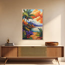 Sunset Palms, Ocean, Autumn, Framed Canvas Print coastal tropical wall art, bold sunset palm decor, boho living room art, beach house vibe