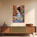 Waterfall Arch, Canyon, Coastal, Framed Canvas Print dramatic coastal waterfall painting, colorful canyon ocean view, nature boho decor