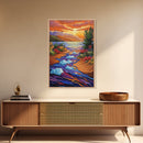 Icebergs River, Sunset, Autumn, Framed Canvas Print colorful autumn iceberg painting, vibrant sunset water flow, fall landscape wall art