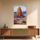 Ocean Cliff, Coastal, Bold Framed Canvas Print, Nature Inspired Bathroom Wall Art, Seaside Landscape Decor, Vibrant Rocky Shoreline