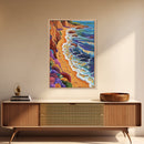Cliff Shoreline, Ocean, Flowers, Framed Canvas Print, coastal boho art, colorful seascape, beach lover gift, bathroom or hallway art