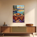 Firepit Chairs, Lake, Sunset, Framed Canvas Print, outdoor patio wall decor, rustic lakeside art, cozy fall cabin retreat artwork