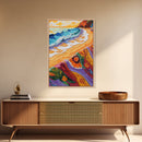 Shore Blanket, Waves, Golden, Canvas Print, tropical boho decor, beach sunset wall art, oceanview relaxation scene, summer bathroom decor