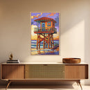 Lifeguard Ocean, Surf, Sunset, Framed Canvas Print, Vibrant Lifeguard Tower Canvas, Surf Shack Painting, Beach Wall Art, Living Room Accent