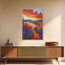 Autumn Lake, Trail, Fall Landscape Painting, Warm Sunset Wall Decor, Living Room Boho Vibes, Framed Canvas Print