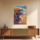 Waterfall Beach, Sunset, Coastal Landscape Framed Canvas Print, Colorful Ocean Wall Decor, Living Room Coastal Art, Seaside Painting