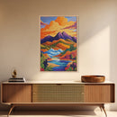 Sunset River, Mountain, Scenic, Framed Canvas Print, Bold Landscape Art, Modern Boho Wall Decor, Nature Scene Living Room Accent