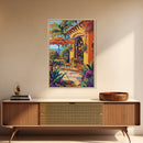 Bistro Patio, Sun, Canvas Print, Mediterranean cafe painting, kitchen wall art, outdoor charm artwork, sunny terrace decor, cozy nook print