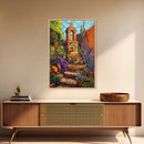 Garden Shrine, Stone Steps, Mission Style, Framed Canvas Print, colorful religious art, desert decor, boho rustic, Living Room Wall Art