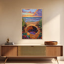 Desert Coast, Sunset Beach, Nature Hole, Surreal Art, Framed Canvas Print, Bedroom Wall Art, trippy boho decor, colorful landscape