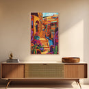 Adobe Village, Desert Color, Southwest Scene, Bright Homes, Framed Canvas Print, Living Room Wall Art, boho rustic art, warm decor