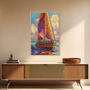 Sailboat Painting, Ocean Breeze, Colorful Nautical, Sunset Boat, Framed Canvas Print, Coastal Wall Art, beach house decor, vivid art