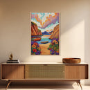 Sunset Boats, Tranquil Cove, Coastal Wall Decor, Framed Canvas Print, Beach House Art, Pastel Sky Painting, Colorful Nautical Art