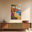 Tropical Beach, Huts, Framed Canvas Print, Island paradise artwork, palm tree coastal decor, bathroom or entryway art, boho summer scene