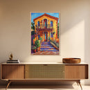 Adobe House, Vibrant Southwest, Fall Architecture Wall Art, Canvas Print, Rustic Staircase Scene, Boho Living Room Decor, Warm Entryway Art
