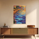 Waterfront Glow, Sunset Village, Palm Colors, Tranquil Scene, Framed Canvas Print, Dining Room Wall Art, Coastal Home Decor, Tropical Vibes