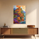 Sunset Mission by Sea, Spanish Coastal Church, Tropical Mountain View, Framed Canvas Print, Living Room Art, Bold Wall Statement