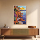 Ocean Cliffside Villa, Seaside Sunset Art, Purple Water Shoreline, Canvas Print, Kitchen Wall Art, Vibrant Mediterranean Landscape