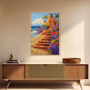 Coastal Castle, Vibrant Tropics, Seaside Fantasy Art, Bold Beach Decor, Playful Wall Accent, Framed Canvas Print, Tropical Style Room