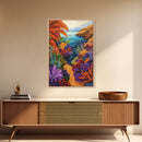 Hidden Cove, Ocean Trail, Botanical Beauty, Colorful Path, Framed Canvas Print, tropical jungle painting, hallway wall art, boho art