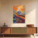 Seagull View, Coastal Bird, Sunset Sky, Ocean Perch, Framed Canvas Print, nautical bird art, hallway wall decor, seagull boho art