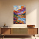 Dramatic Sky, Ocean Hills, Coastal Magic, Colorful Clouds, Framed Canvas Print, living room coastal decor, vibrant nature art, boho fall