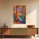 Desert Garden View, Vibrant Sunset Patio, Mexican Courtyard Scene, Framed Canvas Print, Colorful Patio Art, Kitchen Wall Art, Boho Decor
