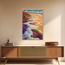 Ocean Shore Foam, Abstract Beach Scene, Coastal Texture Art, Framed Canvas Print, Summer Bathroom Wall Art, Vibrant Seaside Style