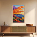 Coastal Hills, Sunset Path, Ocean View, Fiery Sky — Framed Canvas Print Autumn landscape painting, colorful kitchen wall art, boho decor