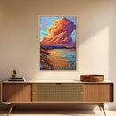 Sunset Bay, Dramatic Clouds, Lakeside View, Village Scene — Canvas Print rustic lake house decor, Fall living room wall art, scenic painting